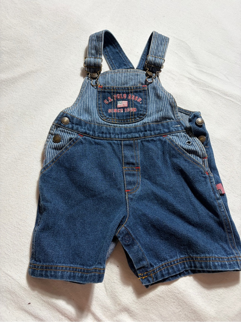 U.S. Polo Assn. Dark Blue Denim Short Overalls with Striped Bib